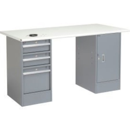 GLOBAL EQUIPMENT 60"W x 30"D Pedestal Workbench - 3 Drawers   Cabinet, ESD Safety Edge - Gray 607650